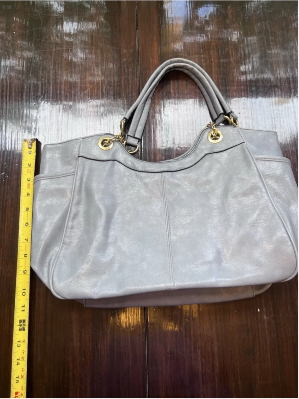Baby Blue Faux Leather Handbag Purse Shoulder Tote Gold Tone Chain Links